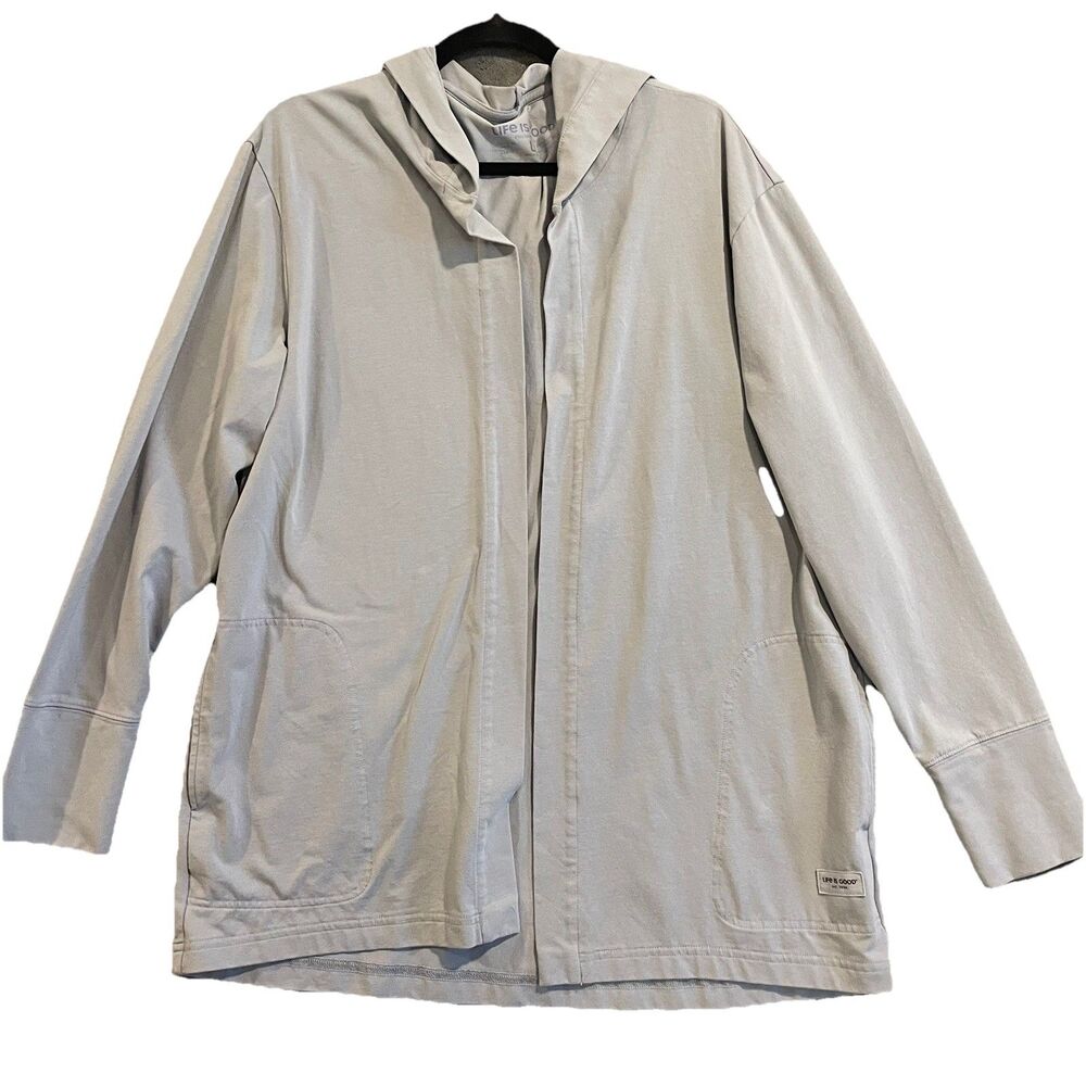 Life Is Good Crusher Flex Cardigan Women Large Gray-Blue Hood Pocket Stretch